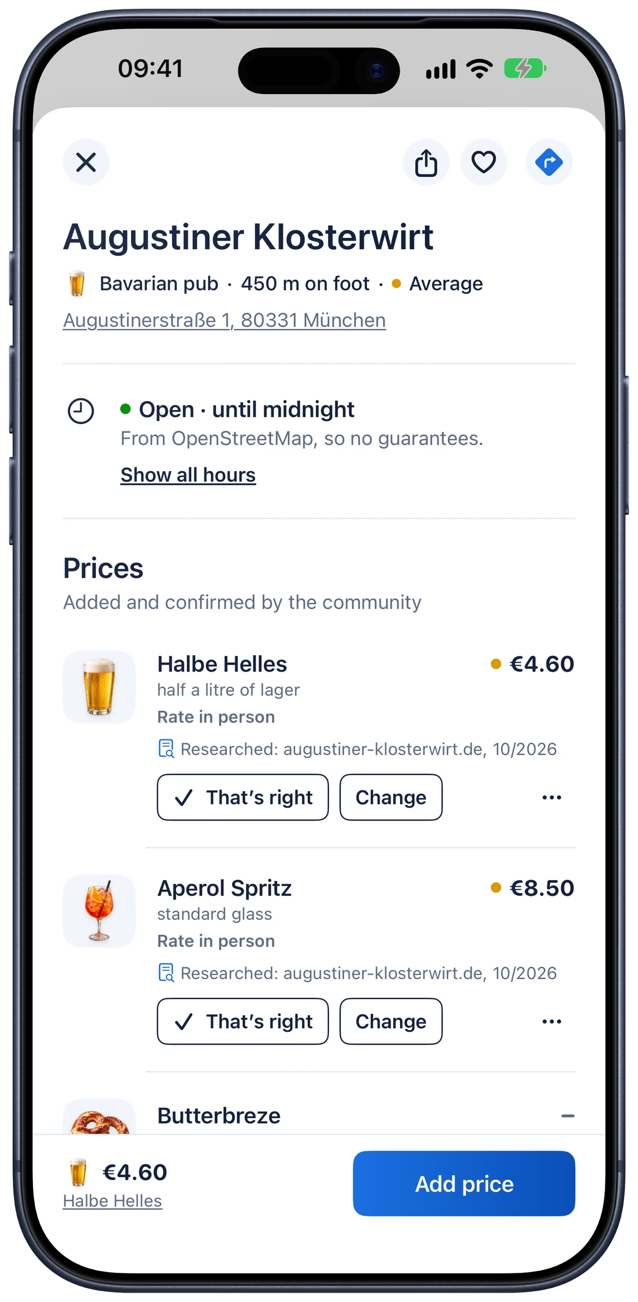 Detail view of a pub: Halbe Helles €4.60 with the note “Researched: augustiner-klosterwirt.de, 10/2026” and the buttons That’s right and Change