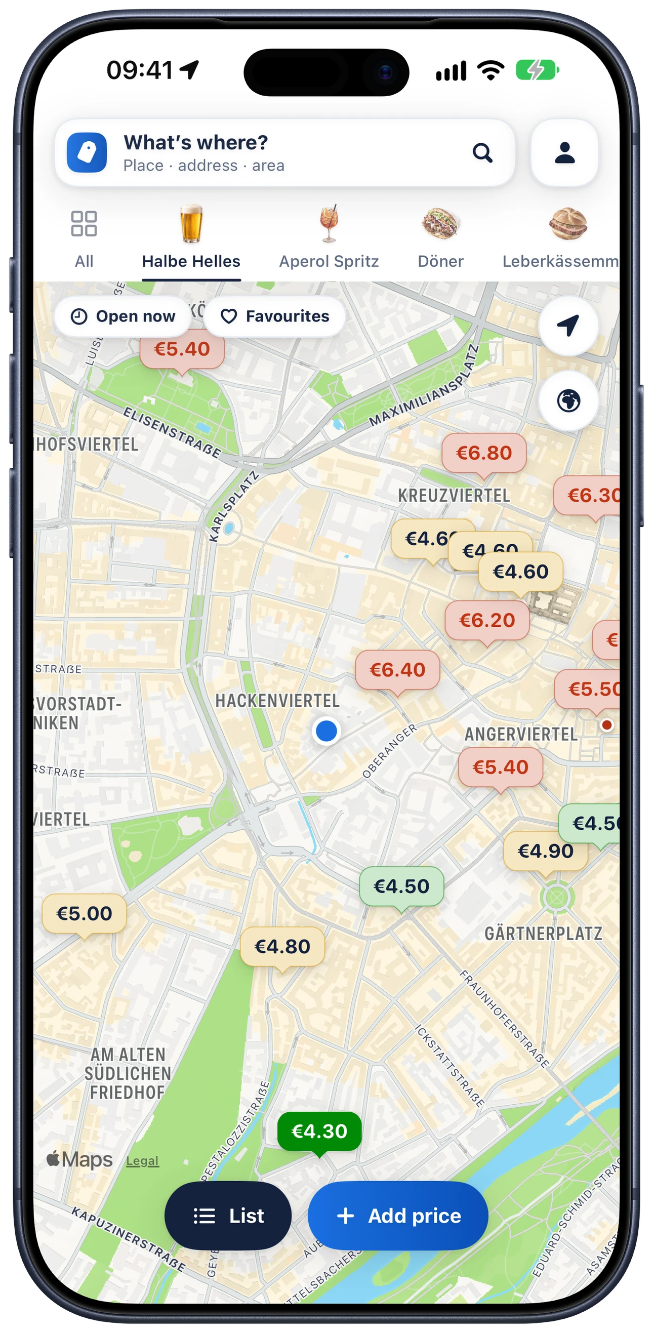 Map of Munich with the price of a Halbe Helles at every place
