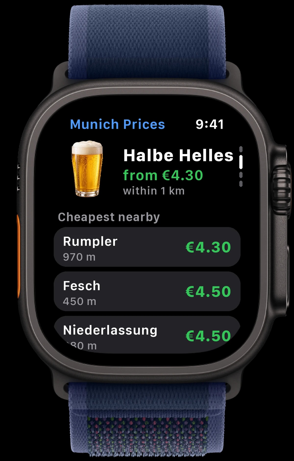 Apple Watch Ultra with Munich Prices: a Halbe Helles from €4.30 at the top, below it the cheapest places nearby with price and distance