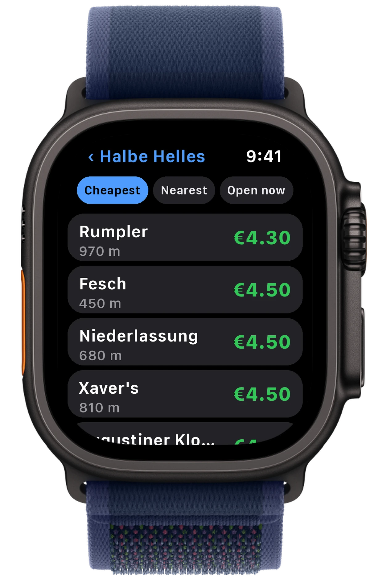 The list on the watch, sortable by cheapest, nearest and open now