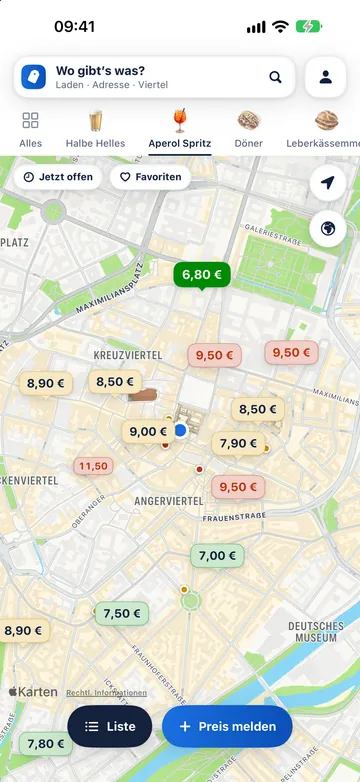 Karte der Münchner Altstadt in der App mit Preisschildern für Aperol Spritz