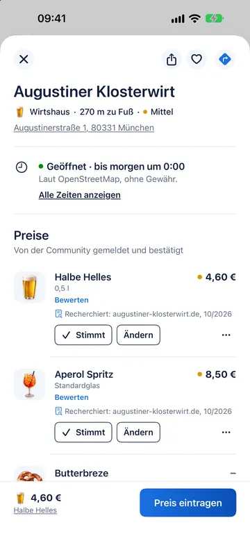 Ladenseite mit Preisen und den Knöpfen Stimmt und Ändern