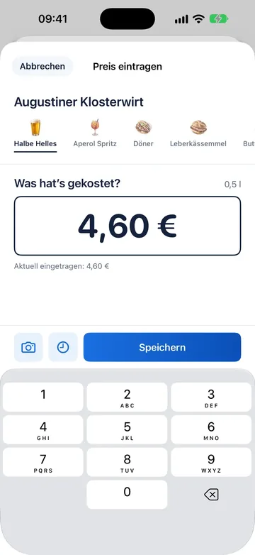 Eingabe eines neuen Preises von 4,60 Euro für die Halbe Helles im Augustiner Klosterwirt