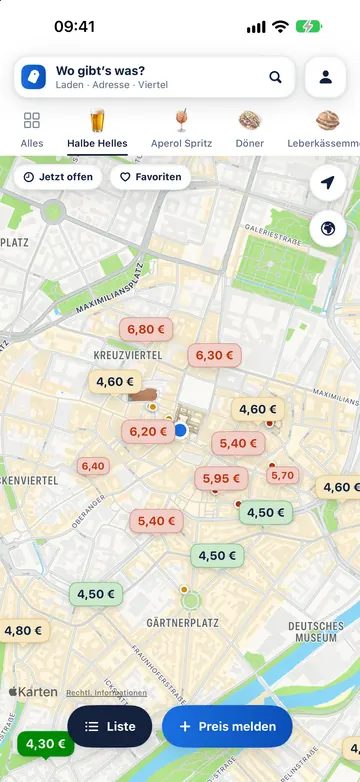Die App zeigt eine Karte der Münchner Altstadt mit Preisschildern für die Halbe Helles, grün für günstig und rot für teuer